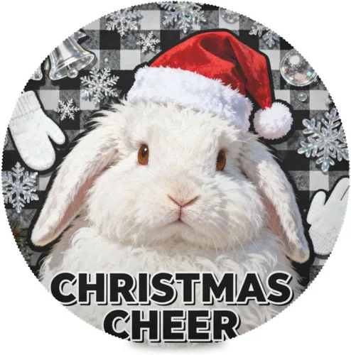 Rabbit Merry Christmas Black Plaid Natural placemats Round Waterproof placemats for Kitchen Table Set of 4 15x15 in manteles para comedor