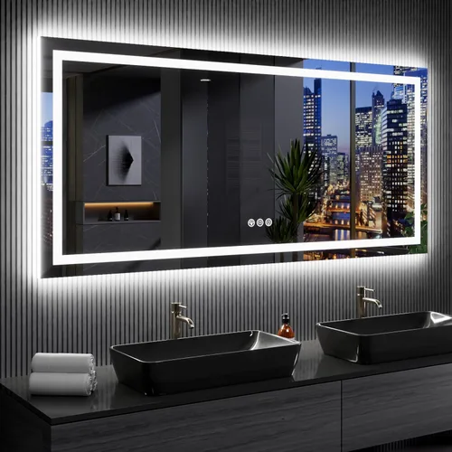 Vista 21 de LOAAO Espejo de baño LED de 60 x 40 pulgadas con luces, antiniebla, regulable, retroiluminado + iluminado frontal, espejo de tocador de baño