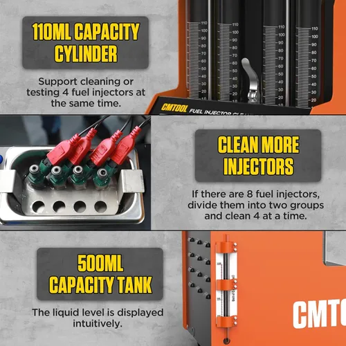 Vista 6 de CMTOOL 12 funciones, máquina de prueba de inyector de combustible ultrasónico, kit de limpieza y prueba de inyector de 4 cilindros de 70 W, 9 modos