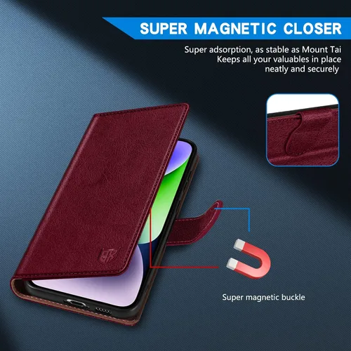 Vista 4 de ZZXX Funda tipo cartera para iPhone 14 con bloqueo RFID, ranura para tarjetas, función atril, cierre magnético, funda protectora de cuero plegable