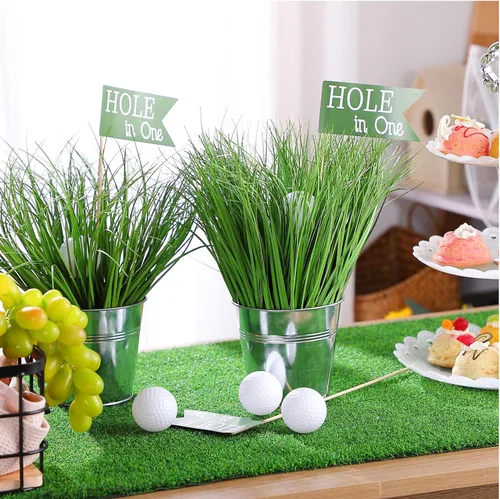 Vista 6 de Soulchen Juego de 12 decoraciones de mesa de fiesta de golf, incluye 6 cubos de hierro, 12 minigolf 90, césped artificial, 6 banderas