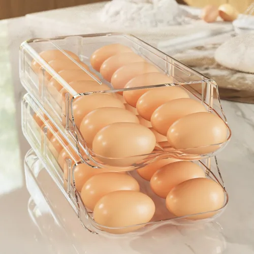 Vista 8 de theaoo - Soporte para huevos para nevera, contenedor automático enrollable para refrigerador, dispensador de huevos de plástico transparente