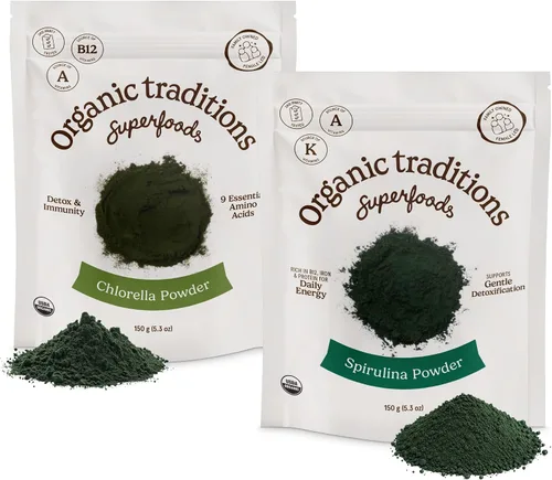 Organic Traditions Spirulina Chlorella Superalimento en polvo, paquete de 2