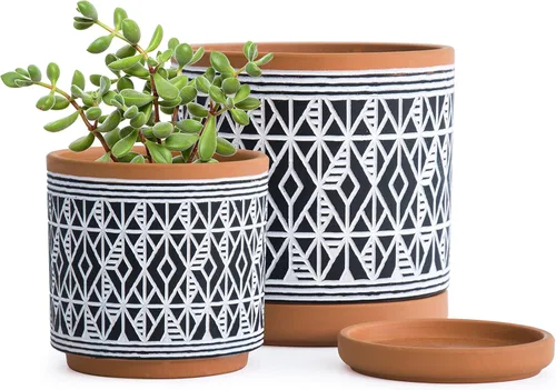 D'vine Dev Juego de 2 macetas de terracota, maceta con patrón de diamante, 4 y 6 pulgadas, maceta con orificio de drenaje y platillo,