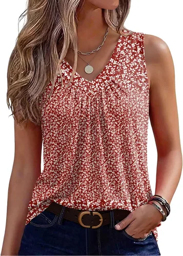 Zeagoo Camisetas sin mangas de verano para mujer, camisetas plisadas con Fragmentos florales Xh555-rojo