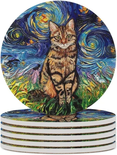 Vista 23 de Van Gogh - Juego de 4 posavasos abstractos de cerámica de diatomita absorbentes con base de corcho, protección de mesa, adecuados para mesas