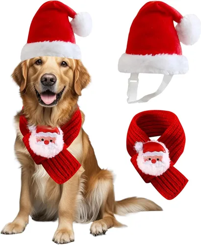 Vista 9 de Juego de gorro y bufanda de Navidad para perros pequeños, cachorros, gatos, 2 piezas de sombrero de Santa ajustable y bufanda de punto, disfraz
