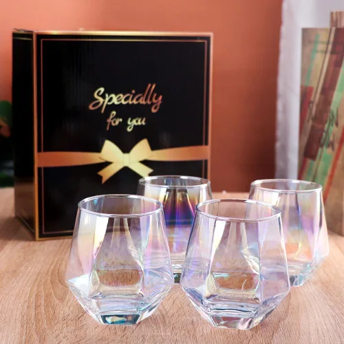 Vista 6 de Gutsdoor Juego de 4 copas de vino sin tallo, copas de vino con forma de diamante, cristalería iridiscente, regalos de boda de compromiso