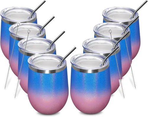 Vista 21 de MEWAY Vaso de vino sin tallo de 12 onzas con tapa, vaso de viaje de acero inoxidable con aislamiento de doble pared al vacío con popote, para Negro