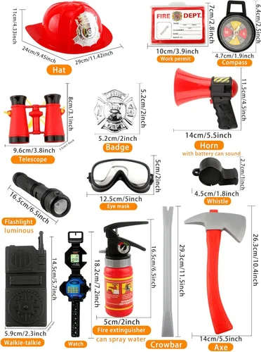 Vista 2 de Conjunto de 17 piezas de disfraz de bombero para niños, jefe de bombero, trajes de disfraz para Halloween, juguetes de juego de rol