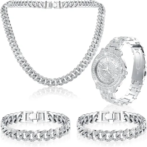 Huquary Juego de 4 piezas de reloj de diamantes con cadena de eslabones cubanos para hombre, conjunto de joyas de hip hop, collar de diamantes de