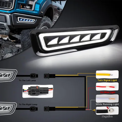 Vista 6 de Luces antiniebla Raptor, luces antiniebla LED Ford Raptor con DRL azul hielo/blanco, luces de parachoques Raptor con intermitentes secuenciales