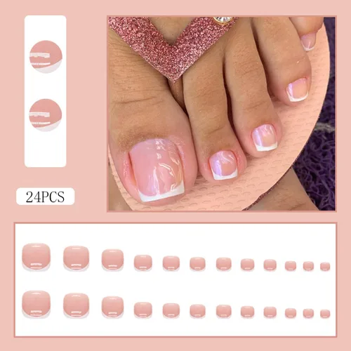 Vista 5 de Puntas francesas a presión, uñas postizas de punta cuadrada rosa, puntas de uñas postizas con diseño de polvo ligero francés, uñas acrílicas