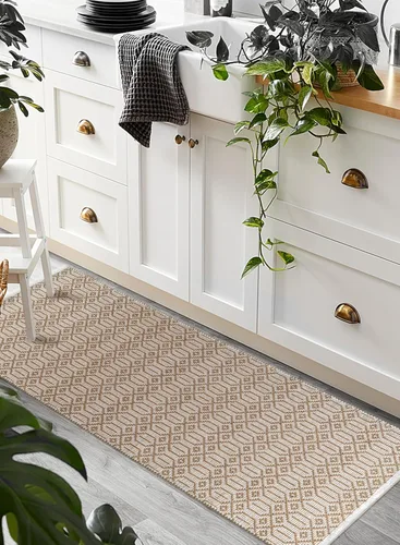 Vista 3 de Alfombra de área de 2 x 6 pies, algodón biege con diamantes para sala de estar, dormitorio, lavable, antideslizante, alfombra de pasillo