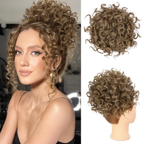 Vista 21 de Lommel - Extensiones de cabello estilo moño desordenado para mujer, 70g, con cordón elástico, ondas sueltas y rizadas, extensiones de cabello Marrón