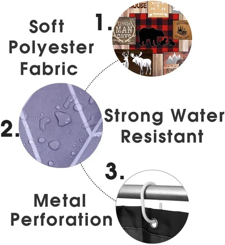 Vista 19 de Camille&Andrew - Juego de 4 cortinas de ducha de tela de ciervo rústico negro, alce, alce, pino, luna, casa de campo, panel rústico, tablero