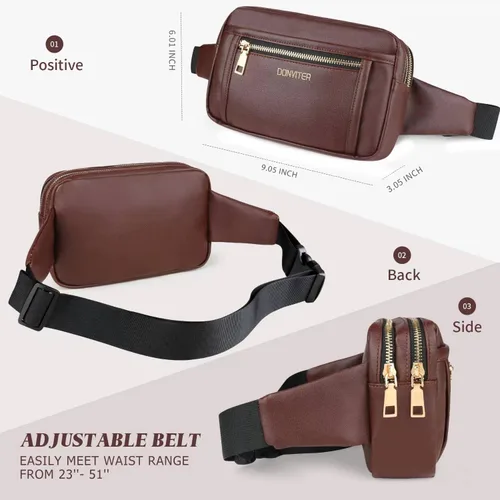 Vista 4 de Riñoneras de cuero para mujer riñonera negra a la moda para hombres y niñas bonita bolsa de cintura con correa ajustable multibolsillos bolsas