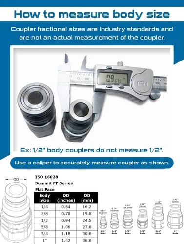 Vista 6 de Summit Hydraulics Juego de acoplador hidráulico de conexión rápida de cara plana de 3/8 pulgadas con tapas antipolvo, rosca NPT de 3/8