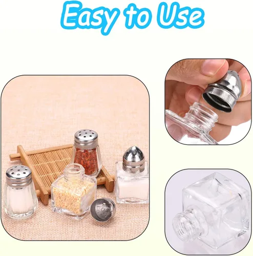 Vista 4 de 100 mini saleros y pimenteros de 0.5 onzas, recipiente pequeño a granel para condimentos de vidrio con tapa de acero inoxidable para viajes, hogar