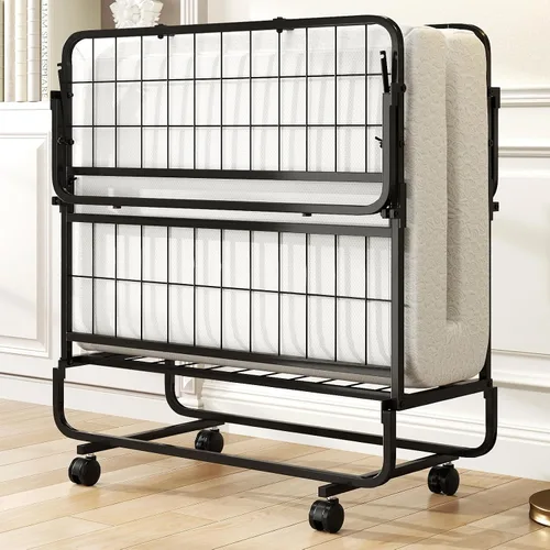 Vista 7 de Giantex Cama plegable individual con colchón, cama portátil enrollable con marco de metal resistente, cama plegable que ahorra espacio con colchón
