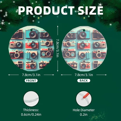 Vista 3 de Retro Cool Camera Collection Print Traditional Check Holiday Ornaments,Round Festive Decor,Hanging Pendant for Christmas Tree