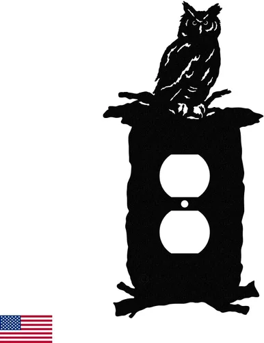 Owl in Woods - Placa de pared (potencia única, negro) | American Steel Decorative Electrical Cover, 1-gang Outlet, Rustic Cabin Lodge, Wildlife,