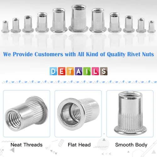 Vista 4 de Glarks 180 piezas #8-32#10-24 1/4"-20 5/16"-18 3/8"-16 UNC Kit surtido de tuercas remachables 304 de acero inoxidable cabeza plana roscado inserción