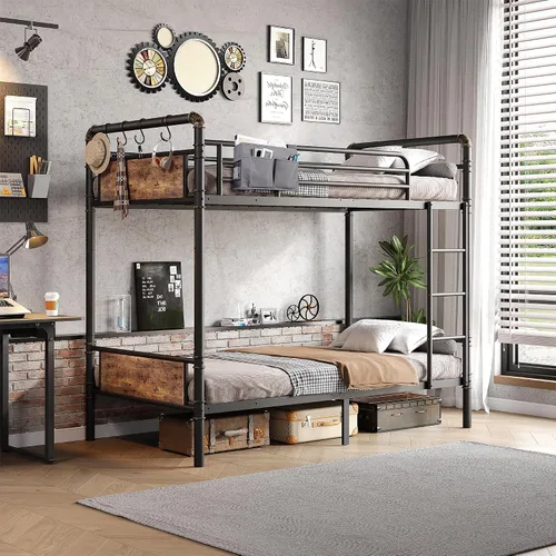 Vista 9 de Jocoevol Litera Doble sobre Doble, literas de metal resistente con escalera y barandilla de longitud completa, convertible en 2 camas individuales