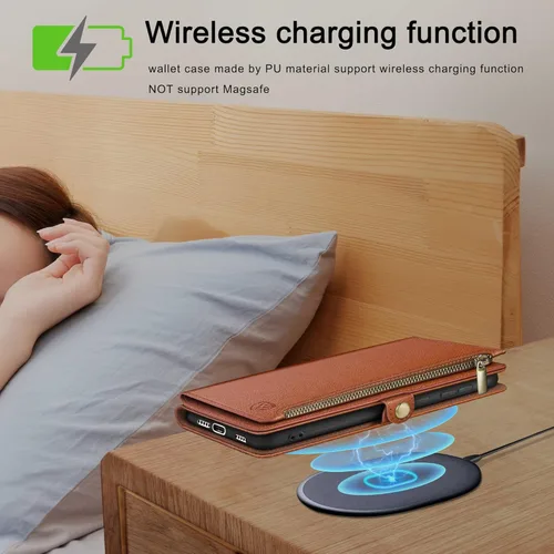 Vista 4 de XcaseBar Funda tipo cartera para iPhone 15 Pro de 6.1 pulgadas con cremallera, tarjetero y bloqueo RFID, funda de piel sintética a prueba de golpes