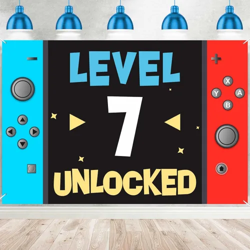 Level 7th Unlocked Happy 7th Birthday Level Up Banner de fondo para cabina de fotos, accesorios de videojuego, decoración temática juvenil para