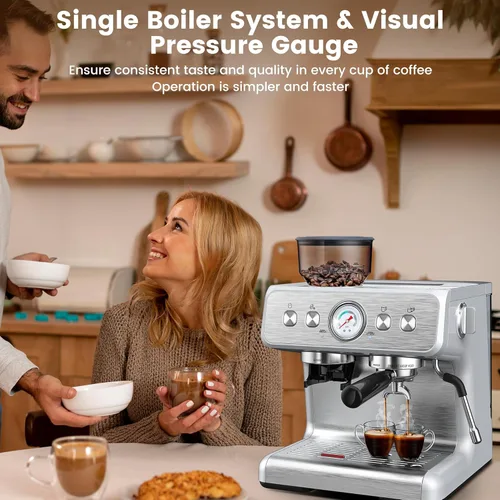 Vista 6 de Máquina de café expreso con molinillo integrado, cafetera profesional de 15 barras con espumador de leche, cafetera espresso de acero inoxidable