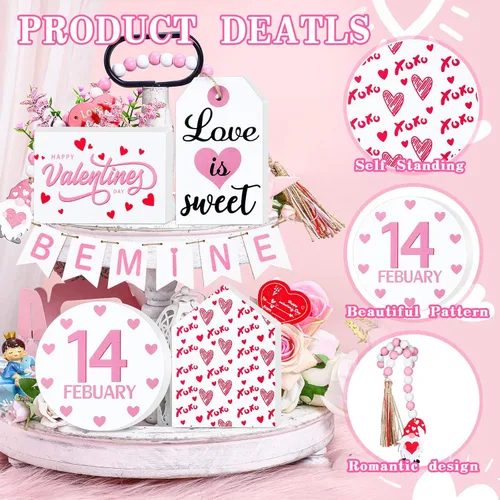 Vista 5 de 10 piezas de decoración de bandeja escalonada de gnomos para el día de San Valentín (bandeja no incluida), en forma de corazón de madera y guirnalda