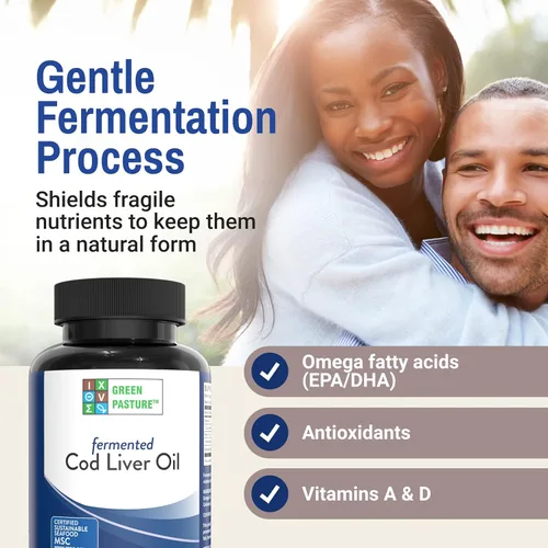 Vista 4 de Green Pasture Aceite de hígado de bacalao fermentado, sabor a naranja, bacalao silvestre de Alaska, vitaminas A y D, omega-3-6-9, certificado MSC