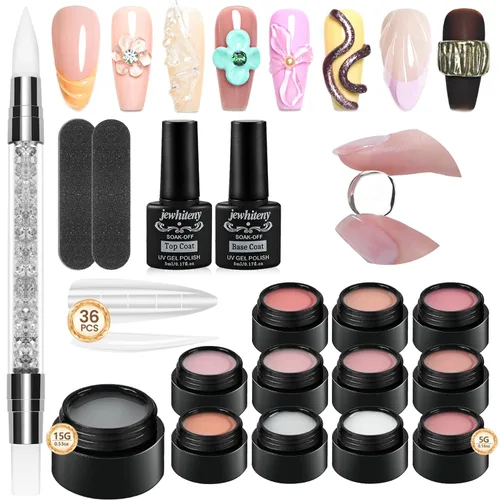 Vista 15 de JEWHITENY Kit de gel constructor sólido no pegajoso de 12 colores: gel de escultura 3D con mini lámpara de uñas U V para extensión de uñas