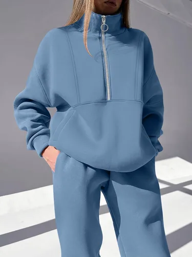 Vista 5 de ANRABESS Conjunto de 2 piezas para mujer, sudadera de gran tamaño con media cremallera a juego, pantalón de pierna ancha, conjunto de ropa