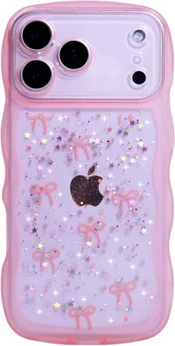 Vista 60 de Qokey para iPhone 14 Plus Funda de 6.7" con diseño de borde ondulado rizado, transparente, con purpurina, brillo, estrellas, brillante, lindo