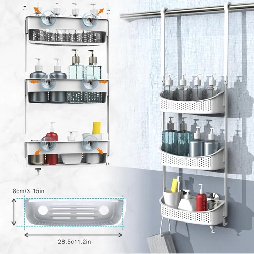 Vista 6 de Heavy duty shower caddy hanging; 3 tiers supper large plastic shower basket over the showerhead; never rust baskets over the door, shower organizer