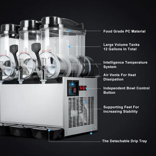 Vista 4 de TECSPACE Slushy Machine 3 tanques 12 galones, máquina comercial granizado 1100 W, 45L Slushy Maker para margarita, cóctel, vino, daiquiri