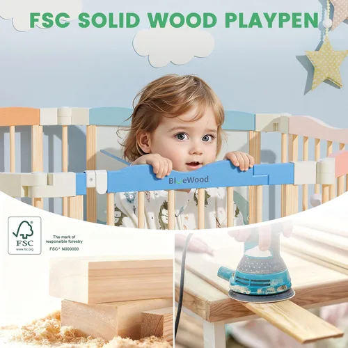 Vista 7 de Corralito de madera plegable – Patio de juegos de madera ajustable para bebés con cerradura a prueba de niños, valla de seguridad grande