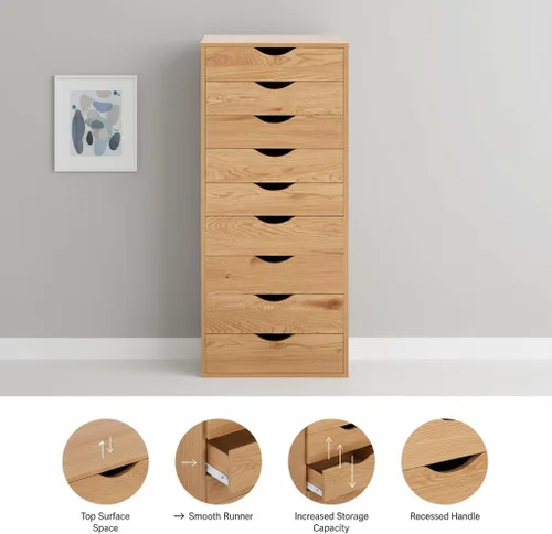 Vista 32 de Naomi Home Cómoda de 5 cajones para dormitorio, alta y elegante, con ruedas y estantes de almacenamiento, pequeña para guardarropa, para maquillaje