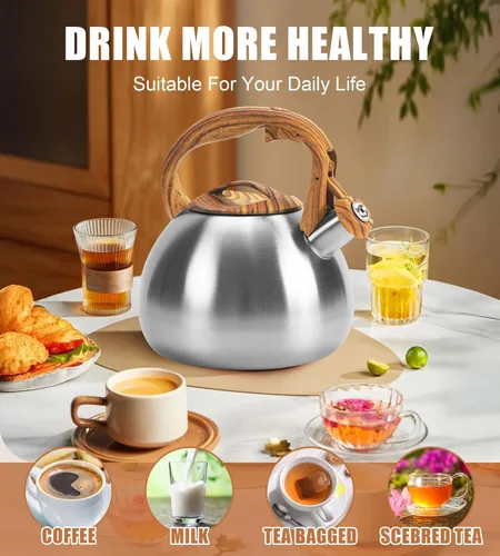 Vista 6 de Hervidor de agua clásico de acero inoxidable de 3.2 cuartos de galón, acabado de metal cepillado con mango de madera, caldera de agua para estufa