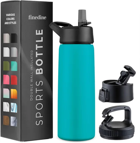 Vista 18 de FineDine Botellas de agua aisladas de triple pared con popote, botella de metal de acero inoxidable de 25 onzas con 3 tapas a prueba de fugas