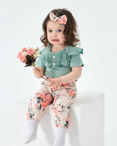 Vista 2 de Conjunto de ropa para bebé recién nacido, mameluco con pantalón floral, ropa de algodón para niñas