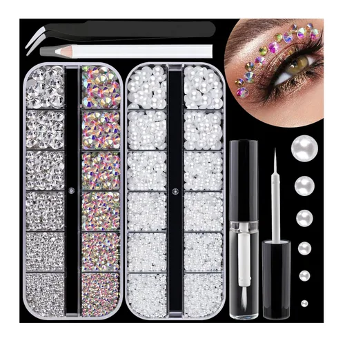 2300 gemas faciales con parte trasera plana para maquillaje con pegamento, cristal redondo AB y diamantes de imitación transparentes, perlas blancas