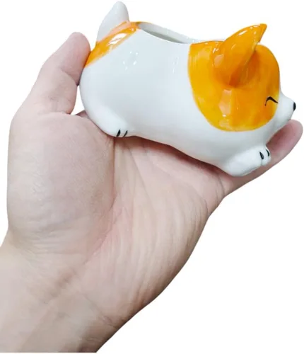 Vista 7 de Cuteforyou Macetas para suculentas, bonitas macetas de cerámica con forma de animal con bandeja de bambú, planta no incluida (perro corgi)