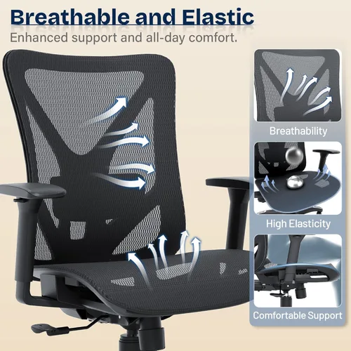 Vista 7 de Silla de oficina ergonómica, sillas de escritorio de malla para computadora con soporte lumbar ajustable, reposabrazos 3D, función de inclinación