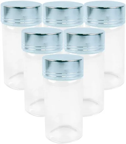 Vista 11 de Botella de vidrio transparente de 5.1 fl oz con tapa de aluminio plateado, 6 unidades, adecuada para recepción de cocina, azafrán, té, Plata