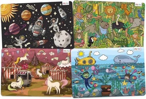 merka Manteles individuales para niños, 17 x 11 pulgadas, multicolor, juego de 4 manteles individuales de plástico lavables para mesa de comedor,