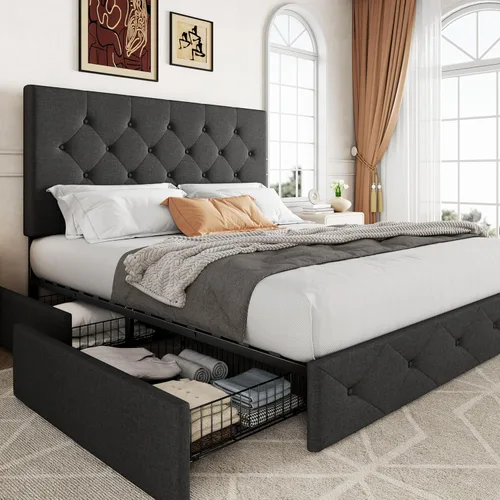 Vista 15 de Allewie - Base de cama con plataforma tapizada tamaño Queen, con 4 cajones de almacenamiento y cabecera, botón cosido en forma de diamante, base