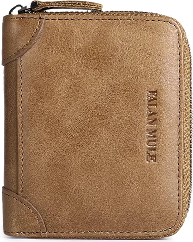 Vista 17 de FALAN MULE Cartera de cuero genuino con bloqueo RFID para hombre con cremallera bolsillo para monedas, ventana de identificación ABA-negro